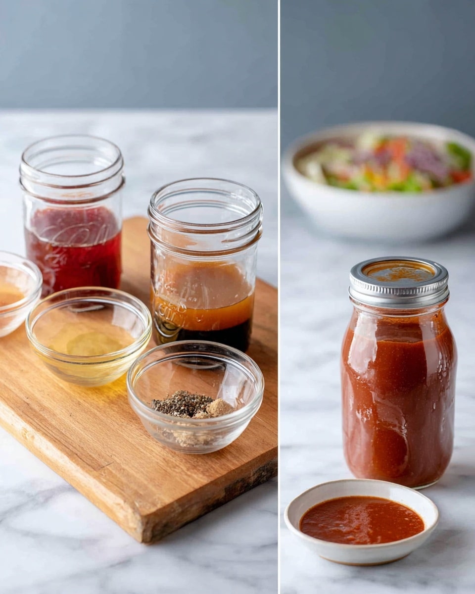A clear glass jar sits empty on a light wooden board, surrounded by five small clear bowls containing various ingredients: a deep red paste, a light yellow thick liquid, a darker amber syrup, a creamy pale yellow dollop, and a sprinkle of mixed black and white dried spices. In the next image, the jar holds a mixture of layers including a dark brown liquid at the bottom and a thin clear amber layer above it. Then, the same jar is shown with a silver lid closed tightly, the contents slightly blending into a reddish-brown sauce with some texture visible. Finally, the jar is replaced by a clear glass bottle filled with a thick reddish-brown sauce on a small white plate, with a blurred salad bowl of mix vegetables in the background, all on a white marbled surface. photo taken with an iphone --ar 4:5 --v 7