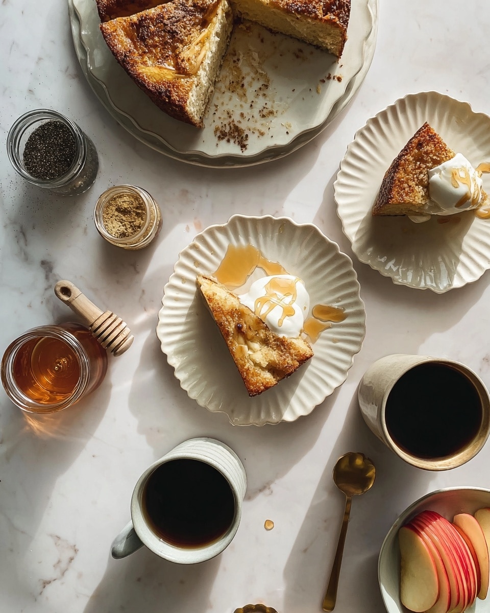 The image shows a food scene on a white marbled surface featuring a large white plate with a sliced golden-brown cake. Below it is a white scalloped plate holding one slice of the cake on top of a white dollop of cream, drizzled with a light honey-colored syrup. Another white scalloped plate above holds a single smaller piece of the same cake. Around these plates are various small jars, one with a dark powder and a black measuring spoon, another with a golden syrup and honey dipper inside. Two mugs filled with black coffee are placed near the bottom, one with a golden spoon inside. A white plate with thinly sliced red apples is partially visible in the lower right corner. The overall color palette is warm and earthy with soft natural lighting. photo taken with an iphone --ar 4:5 --v 7