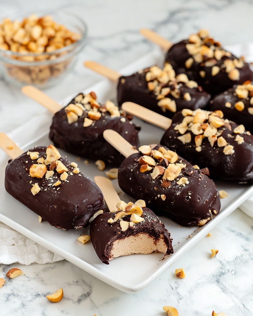 A group of seven chocolate-covered ice cream bars lies on a white rectangular plate placed on a white marbled surface. Each bar is coated with thick, dark chocolate and topped with uneven pieces of light tan nuts scattered on top and along the sides. One bar in the front is slightly bitten, showing a smooth, creamy beige ice cream with some dark chocolate bits inside. Natural wooden sticks hold each bar, pointing outward in different directions, adding contrast to the dark chocolate. In the background, a clear bowl filled with more chopped nuts sits blurred, enhancing the focus on the ice cream bars. The overall scene has a fresh, appetizing feel. Photo taken with an iphone --ar 4:5 --v 7