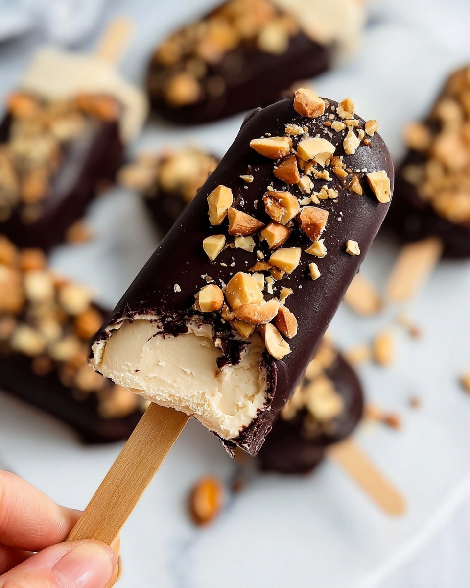 The image shows a close-up of a popsicle with three visible layers: a creamy light beige inside, coated by a thick dark chocolate shell that is partially broken to show the inside, and topped with scattered chopped nuts in shades of light brown and tan on the chocolate layer. The popsicle is held by a woman's hand by a wooden stick, and several similar popsicles are blurred in the white marbled background. The light plays on the chocolate layer showing its slightly wet texture. photo taken with an iphone --ar 4:5 --v 7