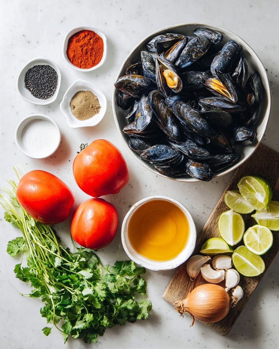 Two white bowls filled with orange creamy soup with visible pieces of red tomatoes, black mussels, green herbs, and small white chunks, each with a spoon inside, one spoon holding a piece of toasted golden brown bread resting on the bowl edge; in the background, a white plate holds several golden, toasted bread slices garnished with herbs and halved lemons, all set on a white marbled surface with a tray of dark mussel shells and bright yellow lemons nearby, creating a fresh and warm meal scene. photo taken with an iphone --ar 4:5 --v 7