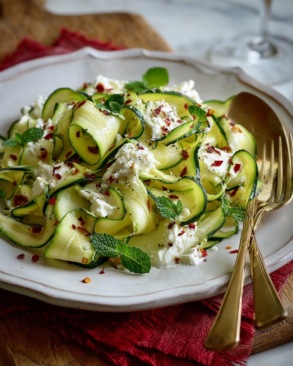 The dish shows thin, wide ribbons of light green zucchini with dark green edges, loosely layered and slightly curled on a white plate with a wavy edge. On top and around the zucchini, there are soft dollops of white ricotta cheese sprinkled with small red chili flakes. Scattered fresh green mint leaves add a fresh look. A tarnished gold fork and spoon rest on the plate's right side, touching some zucchini ribbons. The plate sits on a wooden surface with a red cloth nearby, all set on a white marbled texture. photo taken with an iphone --ar 4:5 --v 7