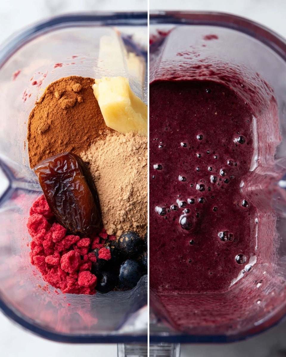 The image shows two side-by-side close-up views inside a clear blender jar. On the left side, there are many ingredients layered unevenly: light brown powder in the center, reddish-brown powder on top of it, a dark brown date on the right, a pale yellow piece of ginger near the top, a dollop of light cream or banana near the upper left, and small red frozen raspberries and dark blueberries scattered around the base. On the right side, the ingredients are fully blended into a smooth, thick, deep purple smoothie with tiny bubbles on the surface inside the same clear blender jar. The background is a white marbled texture. Photo taken with an iphone --ar 4:5 --v 7