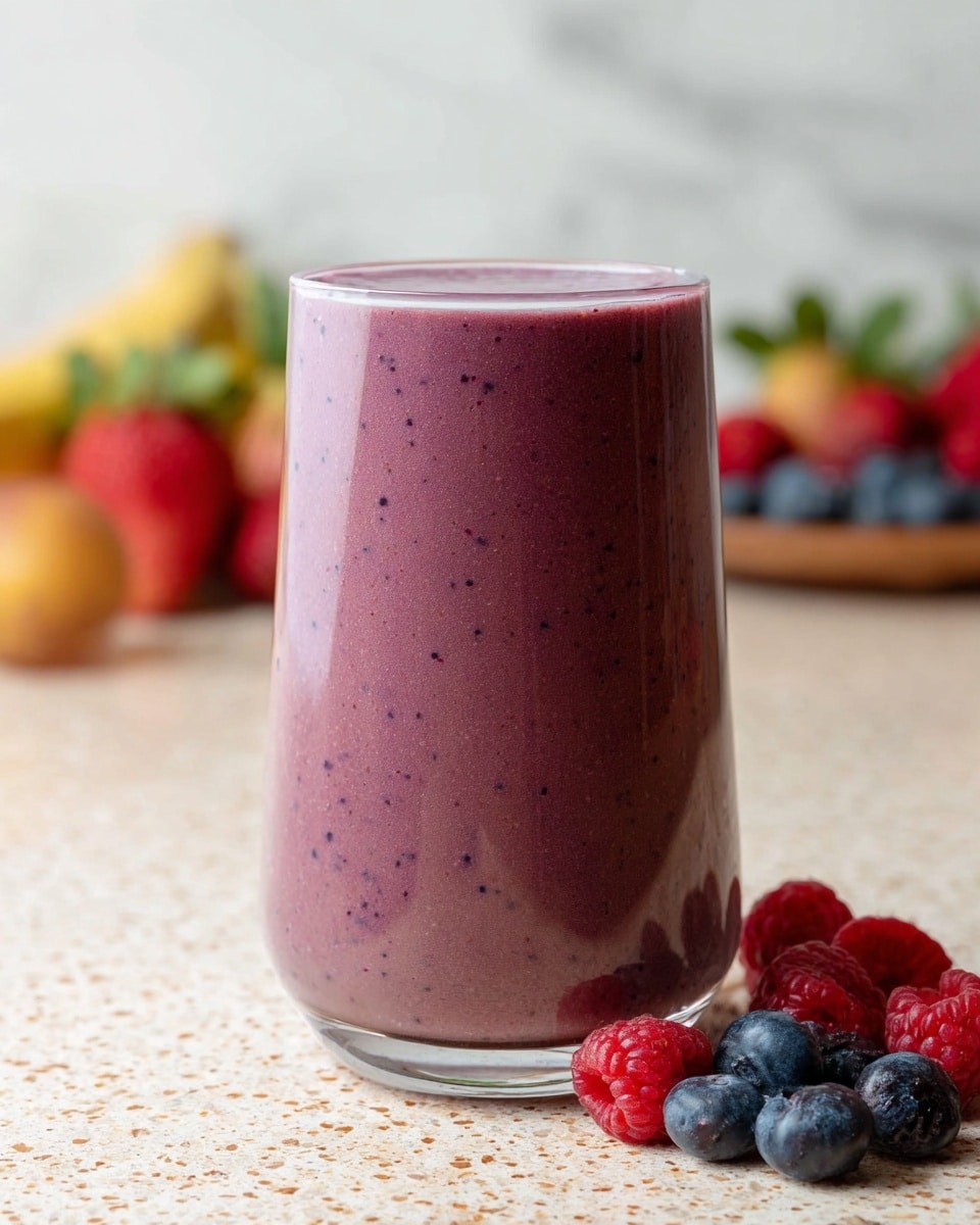 A tall clear glass filled almost to the top with a thick, smooth purple smoothie, showing tiny darker specks through the creamy texture. Around the base of the glass are fresh berries in red and blue shades, and blurred out fresh fruits are visible in the background. The glass rests on a light beige, speckled countertop, with a soft white marbled texture in the background. photo taken with an iphone --ar 4:5 --v 7