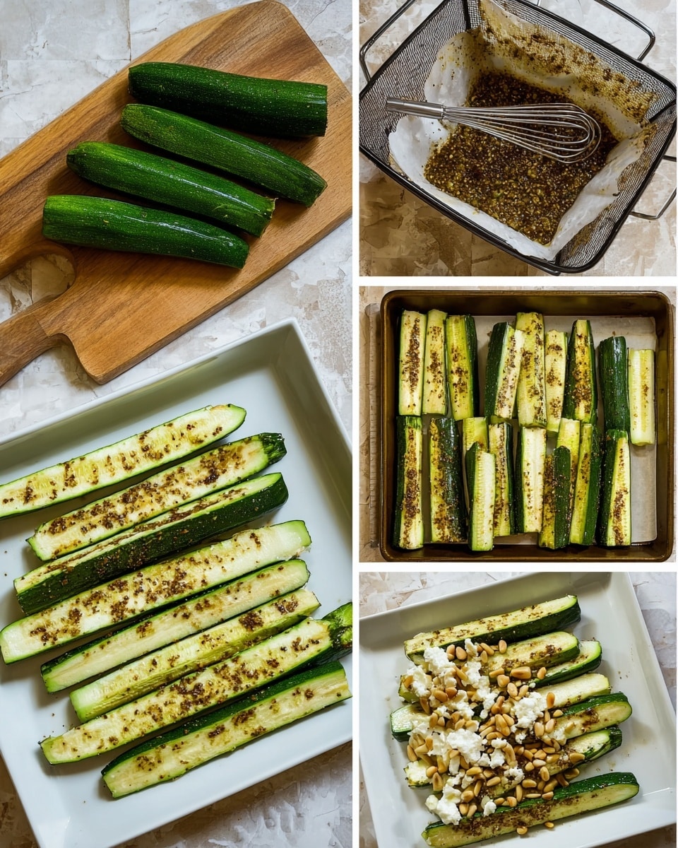 The image shows a step-by-step process of grilled zucchini on a white rectangular plate. First, whole green zucchinis are placed on a wooden board, then cut into long pieces showing a pale green inside with soft seeds. The zucchini pieces are coated with a dark speckled seasoning mixture in a clear measuring cup with a metal whisk. The seasoned zucchini is arranged neatly in a baking basket lined with parchment paper, then grilled to show charred marks and golden-brown spots. Finally, the zucchini pieces are served on a white plate topped with crumbled white cheese and small beige pine nuts, all set on a white marbled textured surface. Photo taken with an iphone --ar 4:5 --v 7