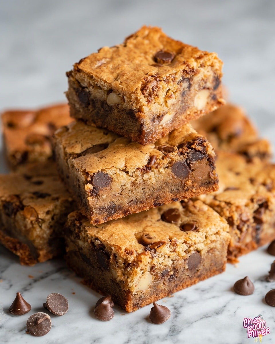 The image shows a stack of thick, square chocolate chip cookie bars with a golden brown top layer dotted with dark chocolate chips. The cookie bars have a slightly crumbly texture with visible small chunks of nuts inside. One cookie bar is angled on top of the stack, showing its layered inside with a mix of light brown dough, nuts, and chocolate chips. The background is a white marbled texture with a few loose chocolate chips scattered around the edges. The lighting highlights the shiny, slightly crispy surface of the cookie bars and the soft, dense layers inside. photo taken with an iphone --ar 4:5 --v 7