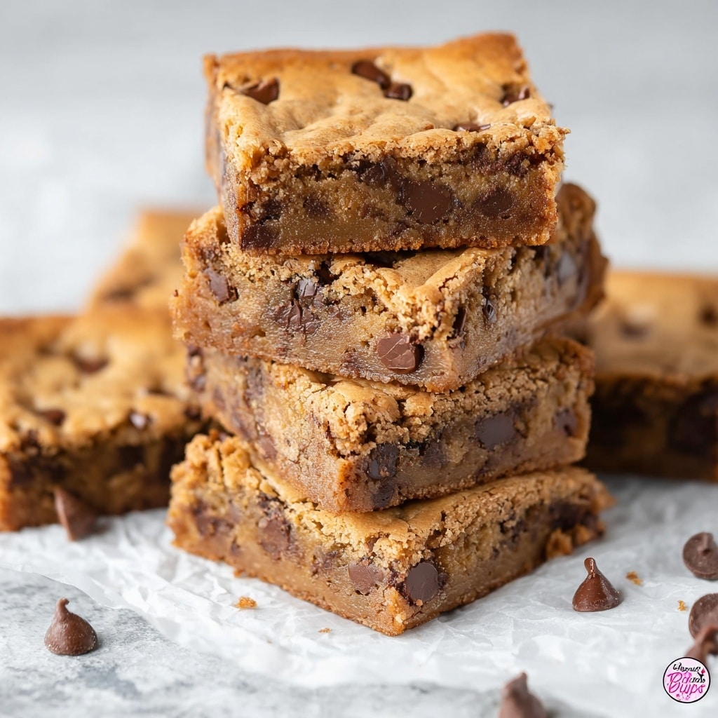 A stack of six thick chocolate chip cookie bars is shown on white parchment paper. Each bar is a dense golden-brown color with a soft texture, filled with many dark brown chocolate chips and small pieces of nuts visible throughout. The bars have a slightly crispy top layer with a few cracks, and the chocolate chips are melted slightly into the surface. Around the stack, loose chocolate chips are scattered on a white marbled surface, adding detail to the scene. The photo taken with an iphone --ar 4:5 --v 7