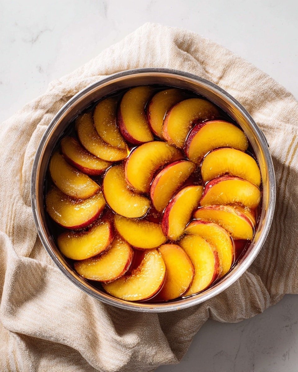 A round silver pan filled with one layer of sliced yellow peaches arranged in a circular pattern, all soaking in a dark amber liquid. The peach slices are thick, with smooth textures and hints of red near the skin edges. The pan sits on a wrinkled beige cloth with faint stripes, placed on a white marbled surface. The lighting is natural, coming from the top left, highlighting the glossy juice covering the peaches. photo taken with an iphone --ar 4:5 --v 7