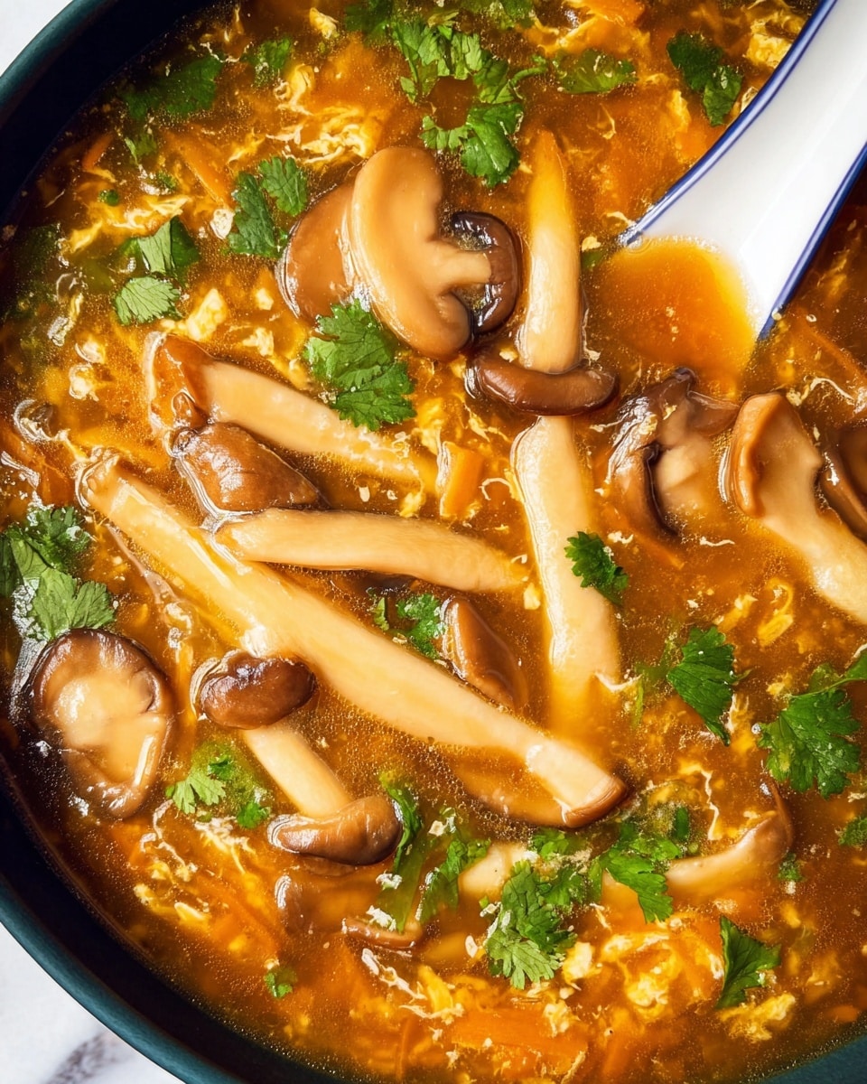 This image shows a close-up of a thick soup with several layers and ingredients. The top layer has large, light brown, smooth shiitake mushroom slices scattered evenly, along with long, light beige tofu strips. The dark orange-brown broth fills the whole bowl, with small bits of shredded cooked egg floating throughout. Bright green fresh cilantro leaves are spread on top, adding a pop of color. A white soup spoon with a thin blue rim is partially submerged near the upper right corner. The background is a white marbled texture. photo taken with an iphone --ar 4:5 --v 7
