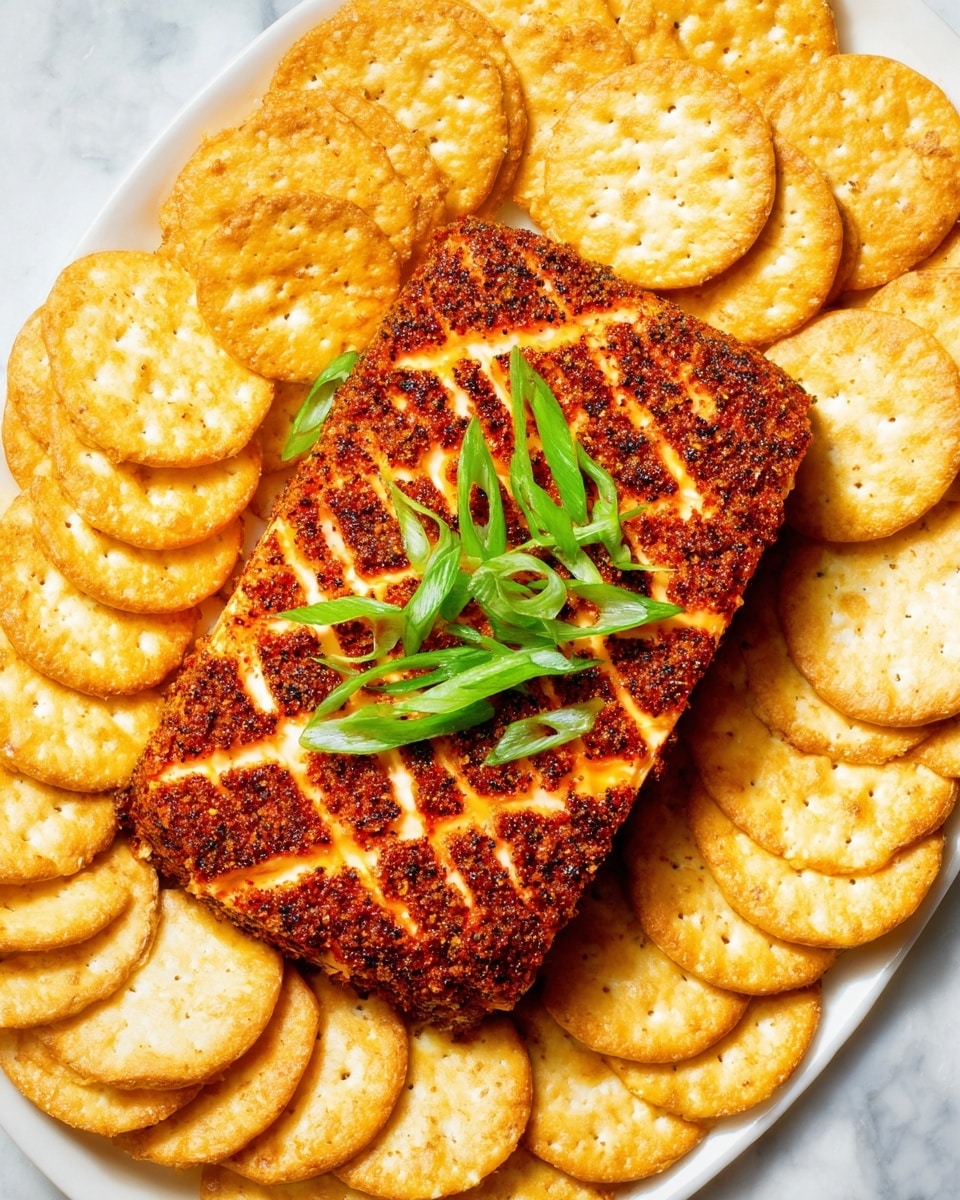 A white plate sits on a white marbled surface filled with light golden round crackers around the edge. In the center, there is a large rectangular block of cheese covered in a dark reddish-brown spice crust with a diamond pattern cut into the top, revealing bright orange cheese lines. On top of the cheese block, there are fresh green slices of scallions arranged neatly. The whole dish is brightly lit, showing the crunchy cracker textures and the spicy, textured coating of the cheese block photo taken with an iphone --ar 4:5 --v 7