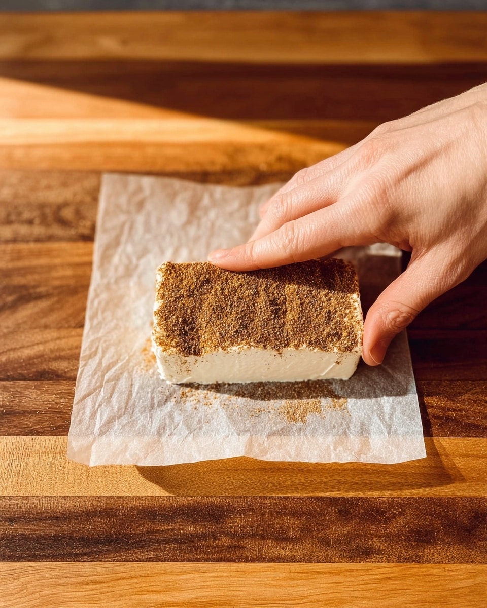 A woman's hand is pressing down gently on a small rectangular block of cream cheese placed on a square piece of parchment paper. The top of the cream cheese is covered with a layer of brown spices, creating a rough texture. The parchment paper sits on a wooden surface with varied warm brown tones. The lighting is bright and natural, highlighting the smooth creamy white block and the grainy spice topping photo taken with an iphone --ar 4:5 --v 7