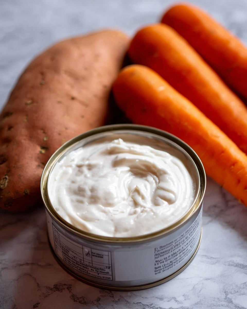 The image shows an open can filled with thick, creamy white coconut milk, with a smooth and slightly swirled texture on the surface. Behind the can, there are several bright orange carrots stacked together, along with a whole brown sweet potato, all placed on a white marbled surface that adds a clean and fresh look to the scene. The can has a label visible on the front with some text printed on it. Photo taken with an iphone --ar 4:5 --v 7