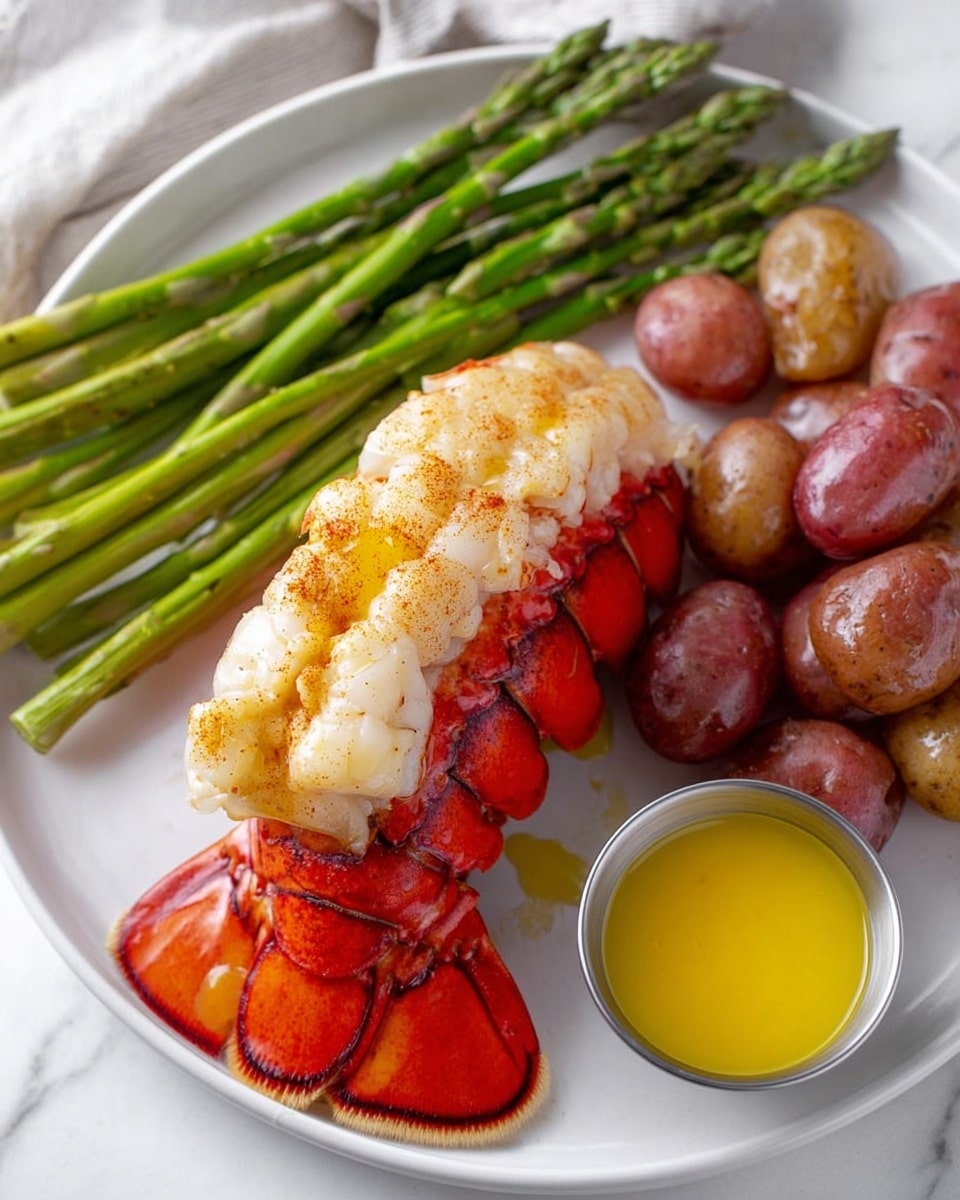 A white plate holds a lobster tail with bright red shell at the bottom and white lobster meat on top, sprinkled with a light brown seasoning and with a small drizzle of butter. Behind the lobster tail, a bundle of green asparagus spears is laid out, showing texture and freshness. To the right of the lobster tail, a pile of small red and brown potatoes is placed, appearing soft and shiny. At the bottom right of the plate, there is a small round metal cup filled with bright yellow melted butter. The plate is set on a white marbled surface. photo taken with an iphone --ar 4:5 --v 7