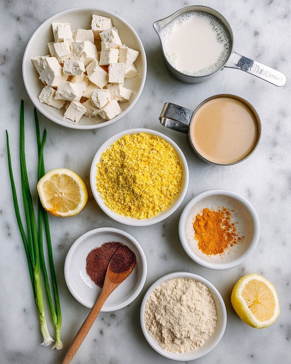 The image shows seven white dishes arranged on a white marbled surface. At the top left, there is a bowl filled with off-white chunky tofu pieces. To its right, a metal measuring cup holds a frothy white liquid. Below the tofu, a bowl is filled with bright yellow nutritional yeast flakes, while next to it on the right, a smaller bowl contains a smooth light brown sauce. Below those, two smaller bowls are side by side, one with a fine light beige powder and the other with a coarse orange seasoning mix. At the bottom left, a small bowl holds a deep reddish-brown powder with a wooden spoon inside it. To the right of this bowl is half of a lemon showing its bright yellow interior. Some green chive stalks lie to the left of the bowls. Photo taken with an iphone --ar 4:5 --v 7