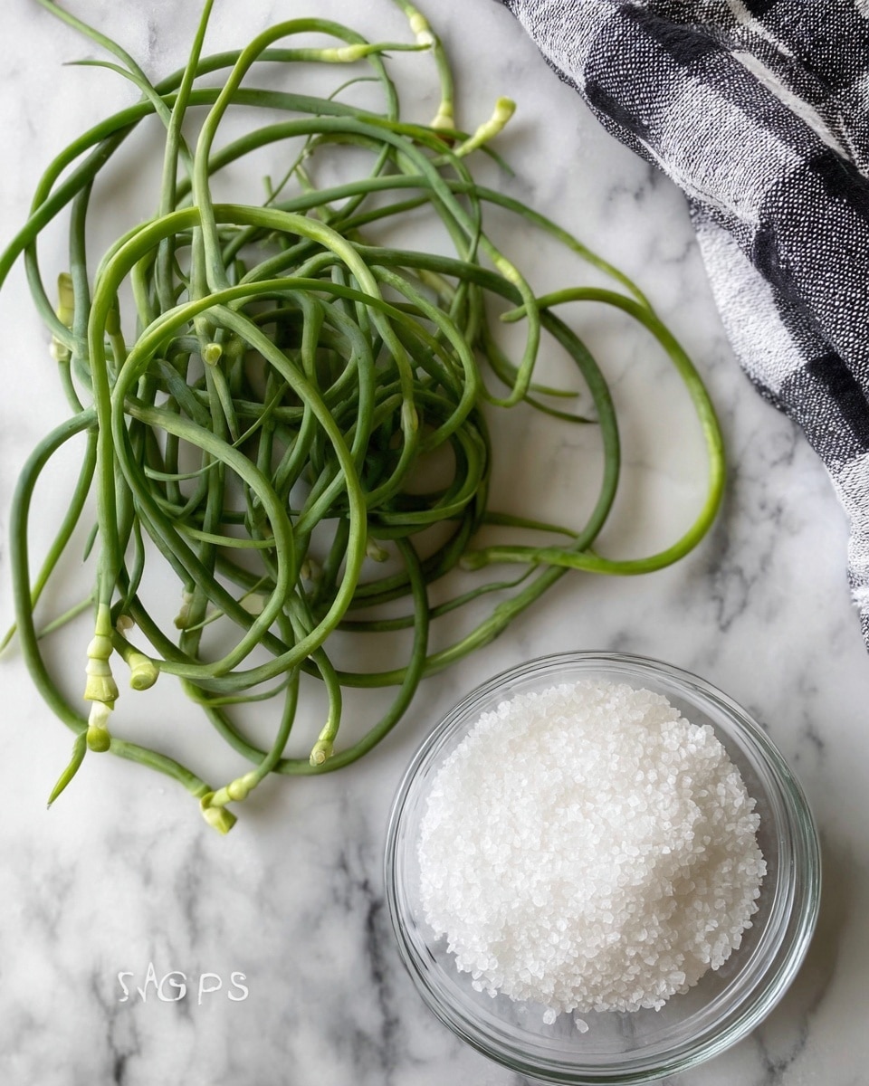 The image shows a white marbled surface with two main elements: a pile of long, thin, twisted green garlic scapes with a smooth texture and small buds at the tips on the upper left side, and a clear glass bowl filled with coarse white salt granules positioned at the bottom right. A black and white checkered cloth is partially visible in the upper right corner. The overall color palette includes greens from the garlic scapes, bright white salt, and soft shades of gray in the marbled surface. Photo taken with an iphone --ar 4:5 --v 7