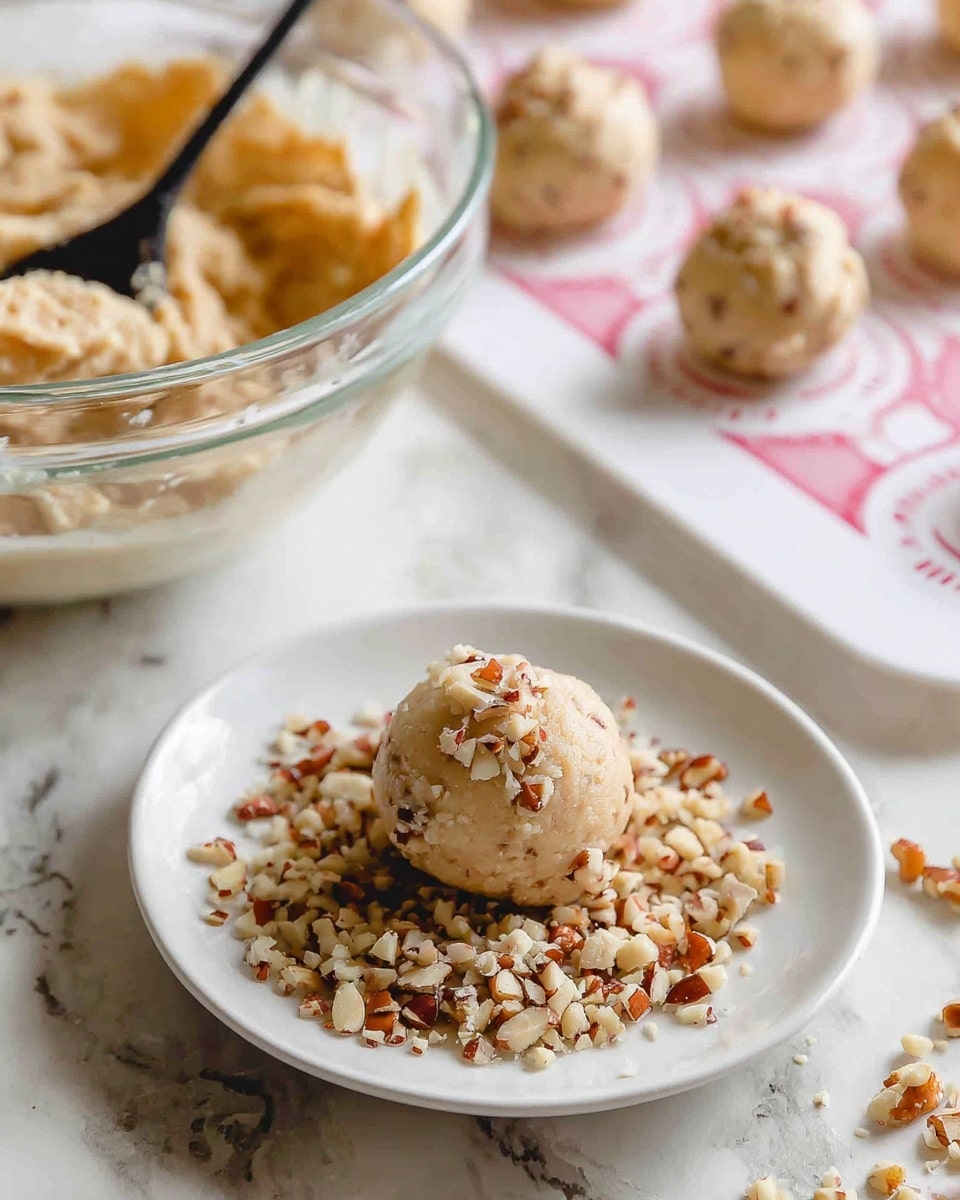 A small round ball of light beige dough sits in the middle of a white plate covered with a layer of chopped nuts, which are tan and brown with rough, uneven textures scattered around the plate. In the background, a glass bowl filled with more light beige dough has a black spoon inside, and several similar dough balls rest on a white silicone mat with pink circles and red text on a white marbled surface. photo taken with an iphone --ar 4:5 --v 7