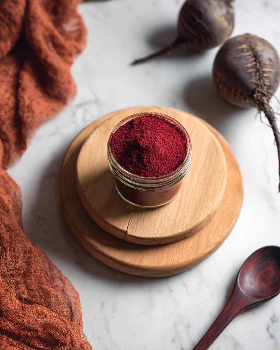 A small glass jar filled with bright red spice powder sits at the center on two round wooden boards stacked one on top of the other. The powder has a fine, slightly crumbly texture covering the entire open jar top. Around the jar, on a white marbled surface, there are several whole beets with dark purplish-red rough skin and roots. To the left, a rust-colored textured cloth is partially visible, and at the bottom right, a wooden spoon with a deep brown color lies on the marbled surface. The scene is lit softly, highlighting the simple natural colors and textures. photo taken with an iphone --ar 4:5 --v 7