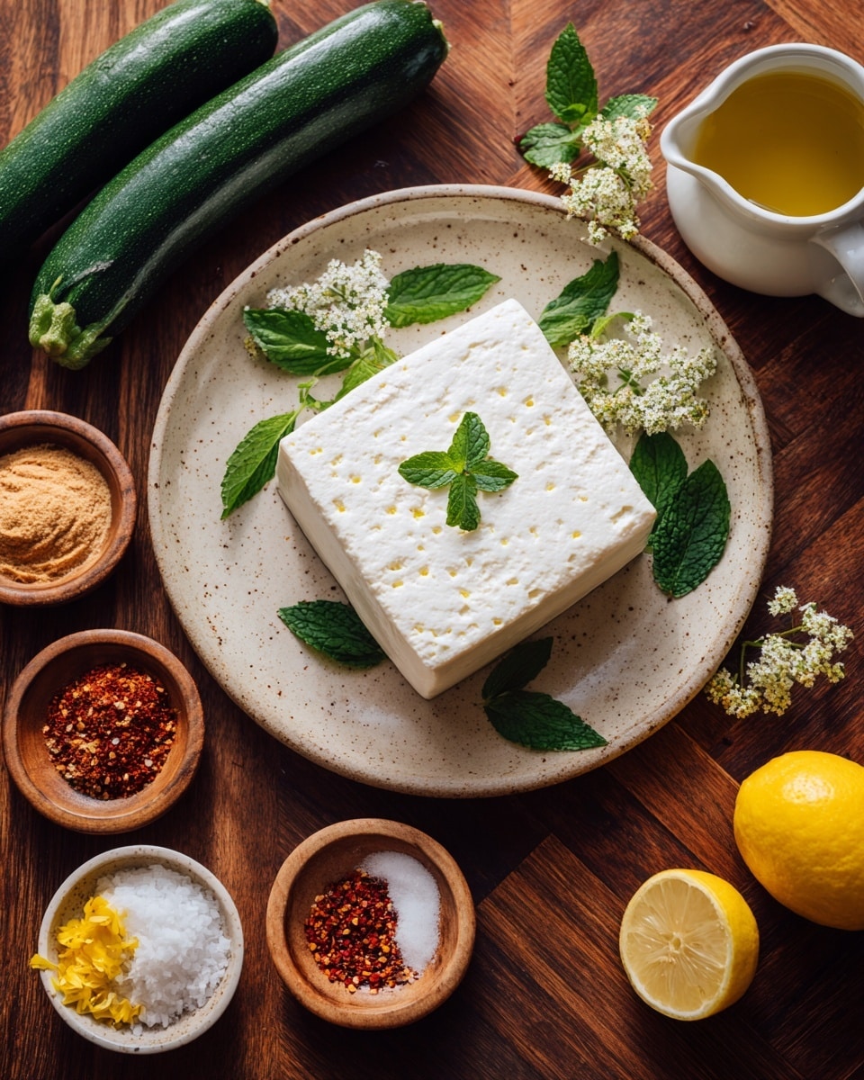 A white speckled plate holds a large, firm white block of tofu centered beneath a few fresh green mint sprigs with vibrant leaves and delicate flowers, all placed on a rich brown wooden surface with a herringbone pattern. Surrounding the plate are two dark green zucchinis with shiny skin at the bottom left, next to a bright yellow lemon. Small white ceramic and wooden bowls containing different ingredients are arranged around the plate: one bowl with light brown mustard paste, another with coarse white salt, a bowl with reddish-brown chili flakes, a small bowl of pale yellow powder, a wooden bowl with fine white salt, and a small white pitcher of golden olive oil. The overall setting is neat and colorful, showing fresh and natural cooking ingredients photo taken with an iphone --ar 4:5 --v 7