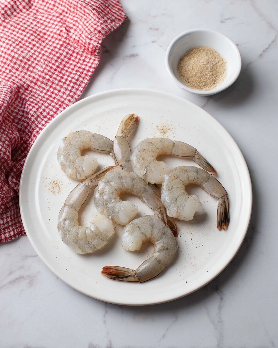 A white round plate with eight raw shrimp arranged loosely in a circular pattern, each shrimp pale with a slight grayish tint and tails still attached, lightly sprinkled with fine light brown seasoning powder. Behind the plate, a small white bowl holds a small pile of similar light brown seasoning. The setup is placed on a white marbled surface with a red and white checkered cloth partially visible on the left side. photo taken with an iphone --ar 4:5 --v 7