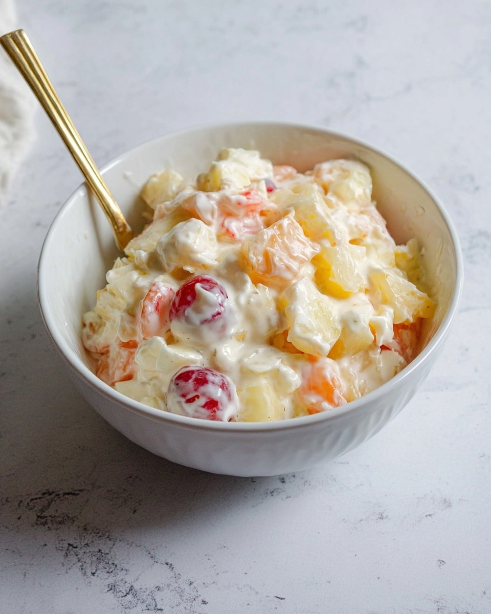 A white bowl filled with a creamy fruit salad showing about three layers of small fruit pieces mixed with thick white dressing. The fruits include pale yellow pineapple chunks, orange segments, red cherries, and white grapes, all mixed evenly to create a soft texture with a light shine. A silver spoon with a golden handle is partially inside the bowl on the left side, resting against the fruit salad. The bowl sits on a white marbled surface with a soft, clean background. Photo taken with an iphone --ar 4:5 --v 7