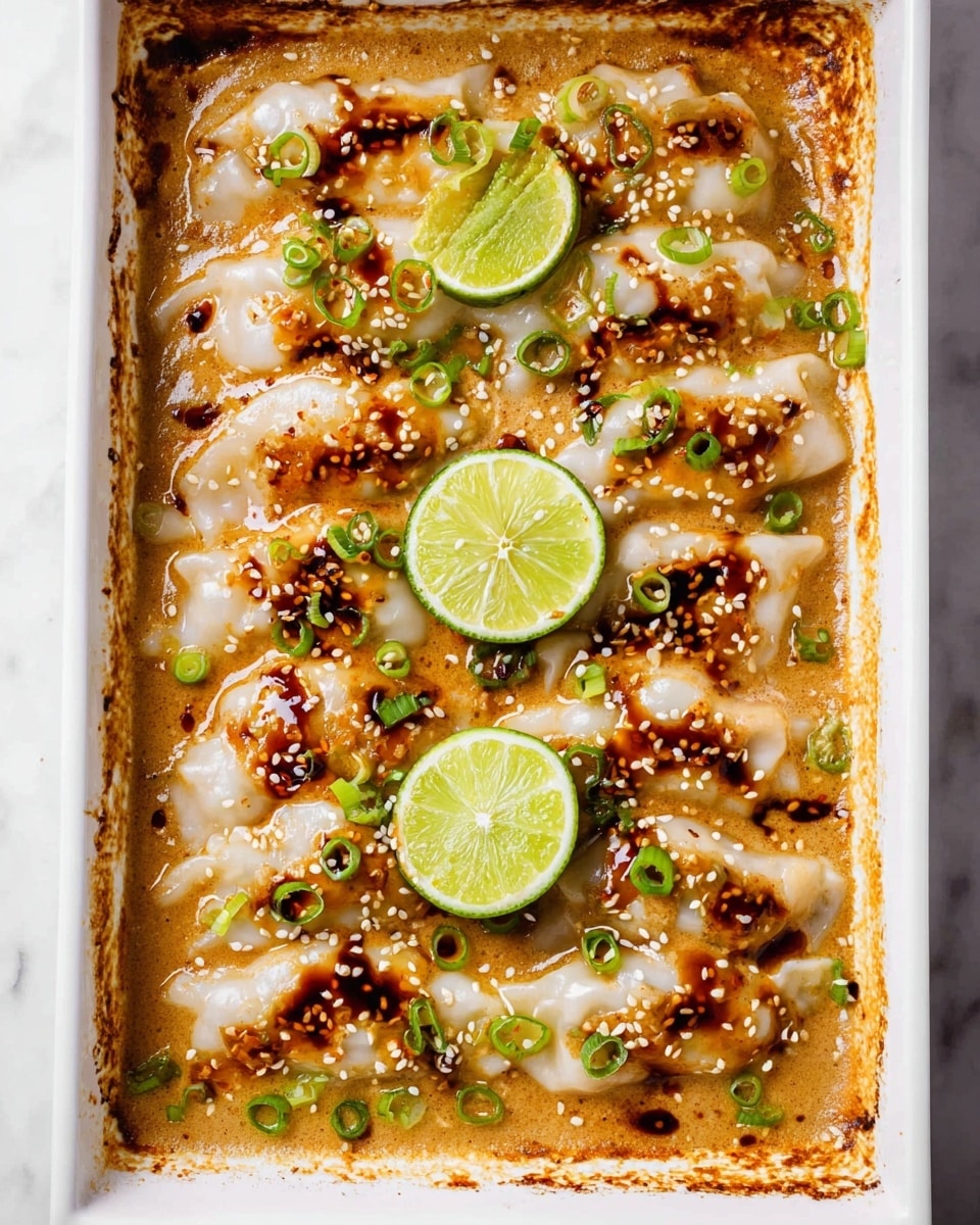 A white baking dish filled with a rich, creamy light brown sauce that covers the bottom layer, topped with several plump white dumplings arranged in rows, each dumpling garnished with small dollops of dark chili sauce. The dish is sprinkled with white sesame seeds and chopped bright green scallions scattered evenly across the top. Three fresh lime wedges with a green rind and pale green flesh are placed on top, adding a fresh contrast. The edges of the dish show a golden-brown, slightly crispy baked layer, and the whole scene is set on a white marbled surface. photo taken with an iphone --ar 4:5 --v 7