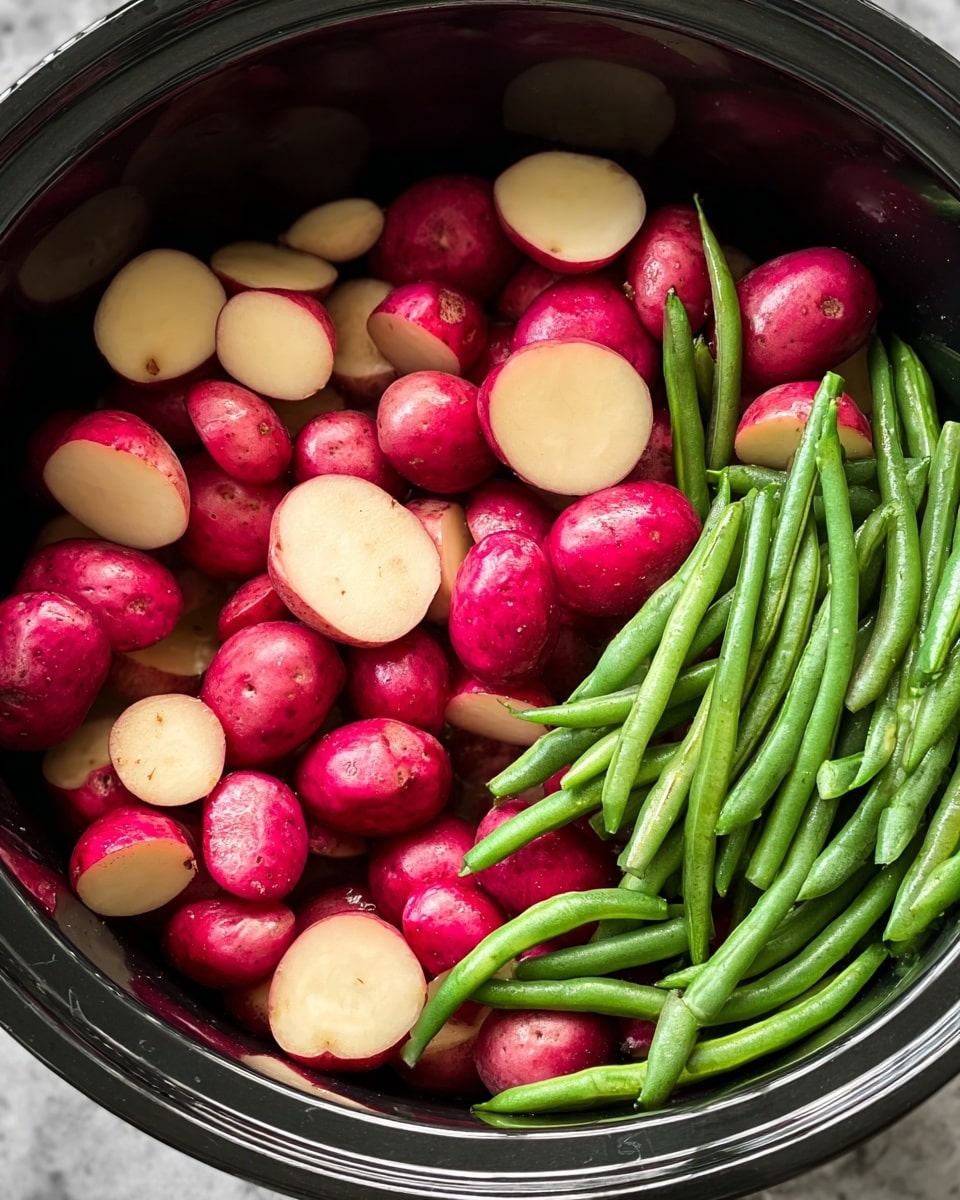 Inside a black cooking pot, there are two clear layers. The bottom layer holds many small red potatoes, some cut in halves showing their light cream inside while others remain whole with slightly rough red skin. The top layer has fresh green beans scattered on the right side of the potatoes, with a smooth and fresh texture. The black pot contrasts with the bright colors of the red potatoes and green beans, all set against a white marbled texture background. photo taken with an iphone --ar 4:5 --v 7