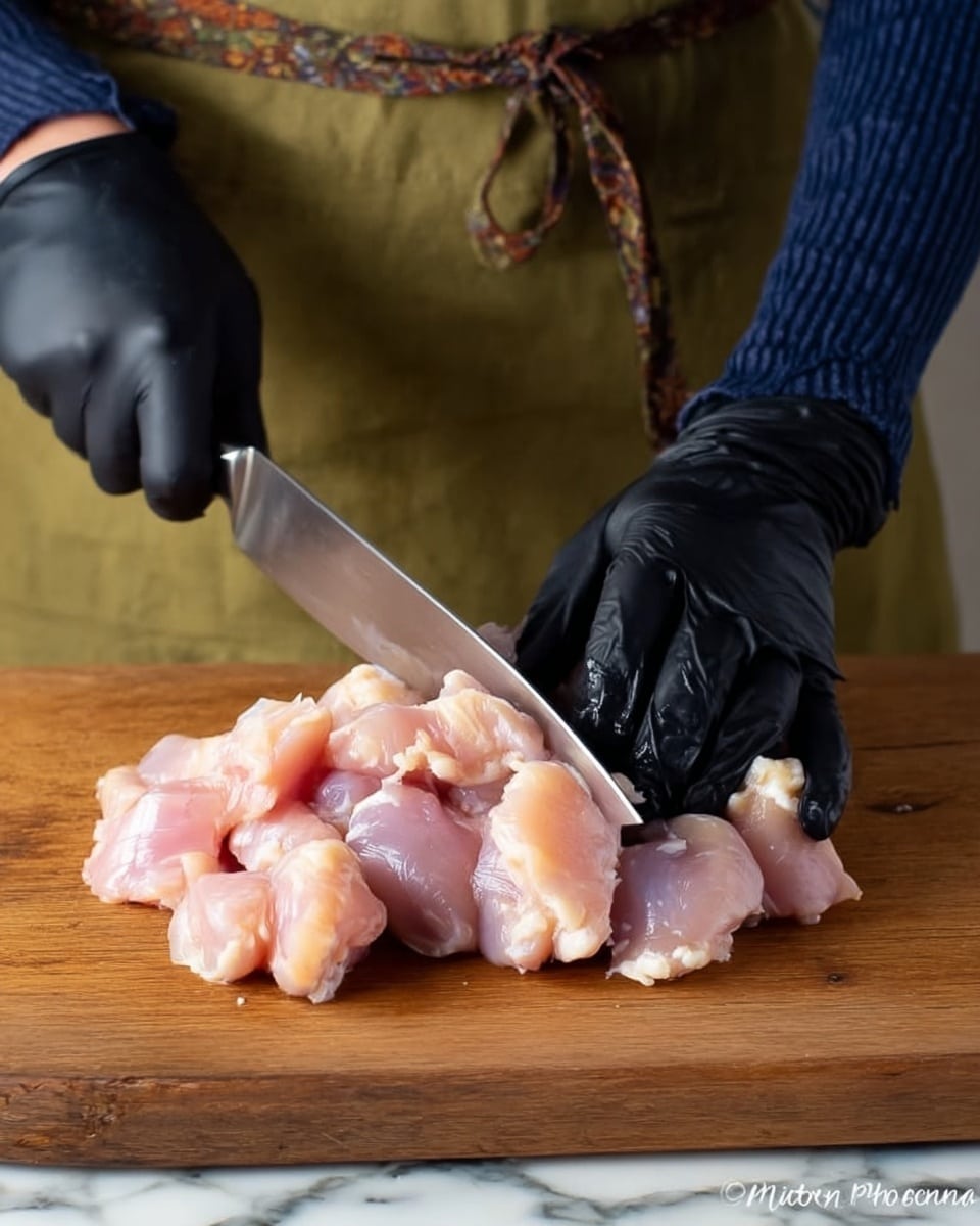 A pile of raw chicken pieces with light pink color and a smooth, slightly shiny texture rests on a wooden cutting board. A woman’s hand wearing a black glove holds a large knife, slicing through the chicken in the middle. The woman is dressed in a navy blue long sleeve shirt and an olive green apron, and her other black-gloved hand is steadying the meat on the right side. The background is simple and features a white marbled surface behind the cutting board. photo taken with an iphone --ar 4:5 --v 7