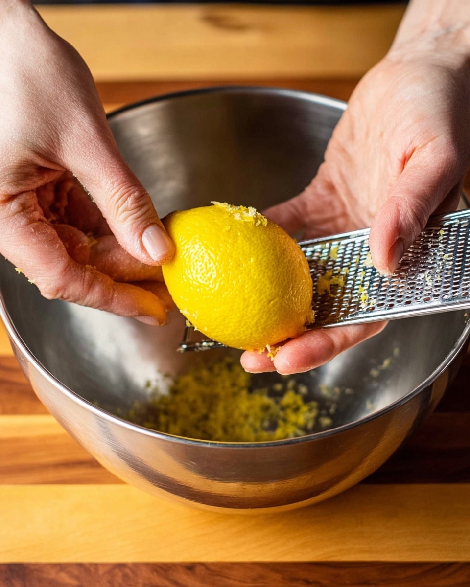 A close-up image shows a pair of woman's hands zesting a bright yellow lemon over a large silver mixing bowl. The right woman's hand holds the lemon firmly against a small metal grater while the left woman's hand holds the grater steady. The lemon has a bright, slightly bumpy texture with some zest already visible. The silver bowl underneath catches the fine yellow zest. The wooden surface under the bowl is warm-toned with alternating dark and light wood grain strips. Photo taken with an iphone --ar 4:5 --v 7