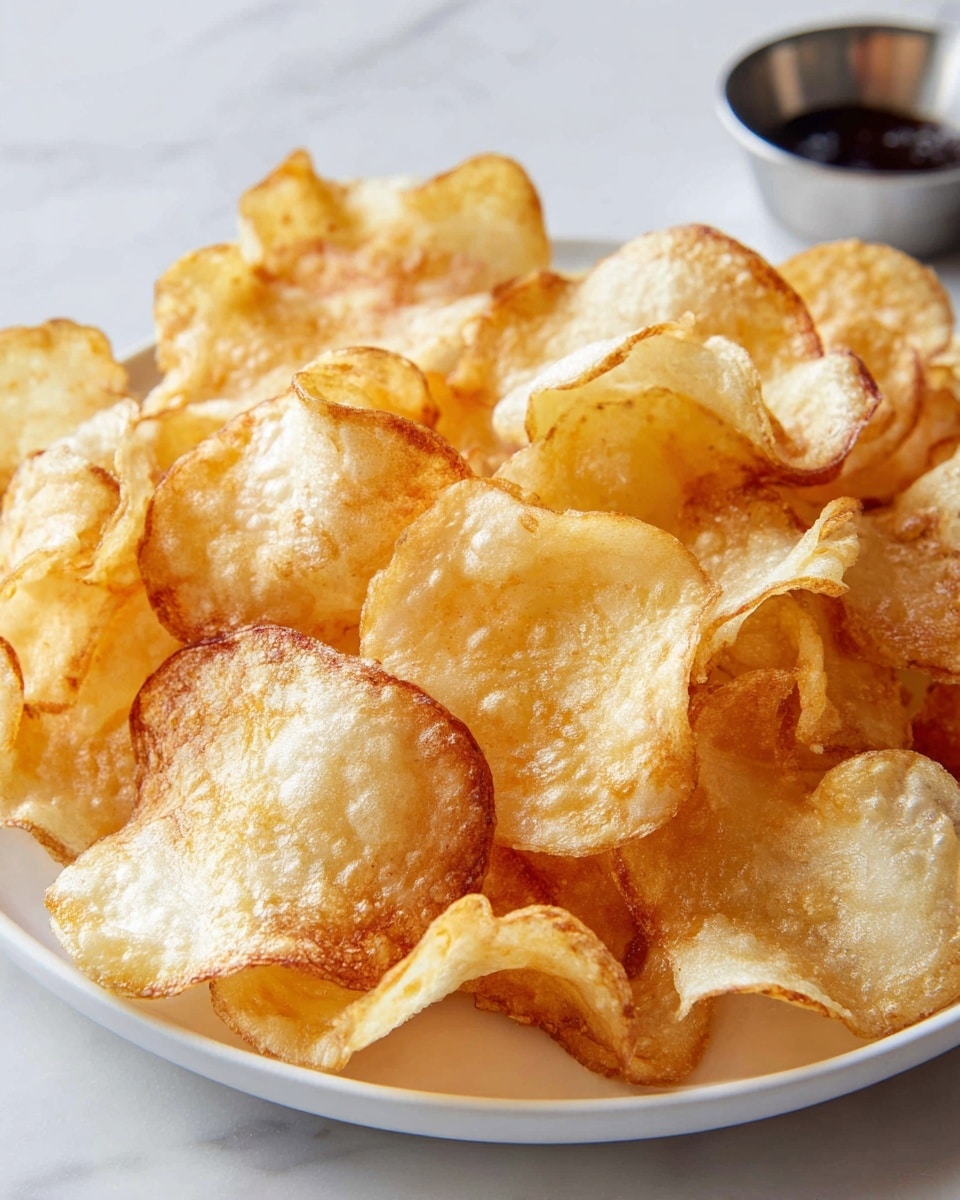 The image shows a close-up of a white plate filled with light golden-brown crispy chips that have uneven, curled edges and a slightly bubbly texture on some pieces. The chips vary in shape and size, with some appearing thinner and more delicate, while others look thicker and crunchier. In the blurred background, there is a small silver bowl with a dark sauce inside. The scene is set on a white marbled surface, giving a clean and bright feel to the image. photo taken with an iphone --ar 4:5 --v 7