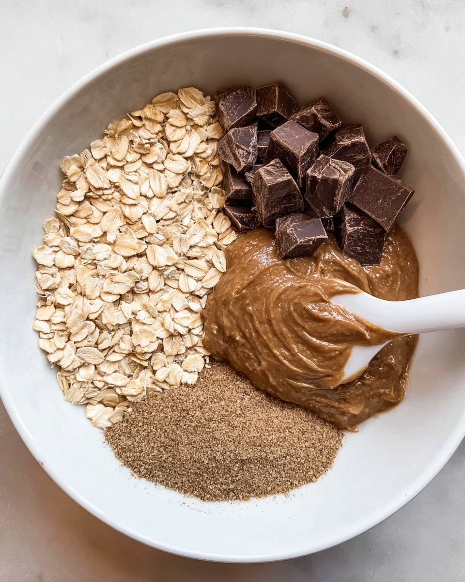 In a white bowl on a white marbled surface, there are four main ingredients placed separately in four sections. The first section on the bottom left is filled with light beige whole rolled oats, showing their rough, flat texture. Next to the oats, on the bottom right, there is a thick, smooth, brown almond butter with a few small lumps. Above the almond butter, on the top right, are small, dark chocolate chunks with rough edges. The last section on the top left has finely ground brown flaxseed powder with a sandy texture. A white spatula rests in the bowl, touching the almond butter and chocolate chunks. Photo taken with an iphone --ar 4:5 --v 7