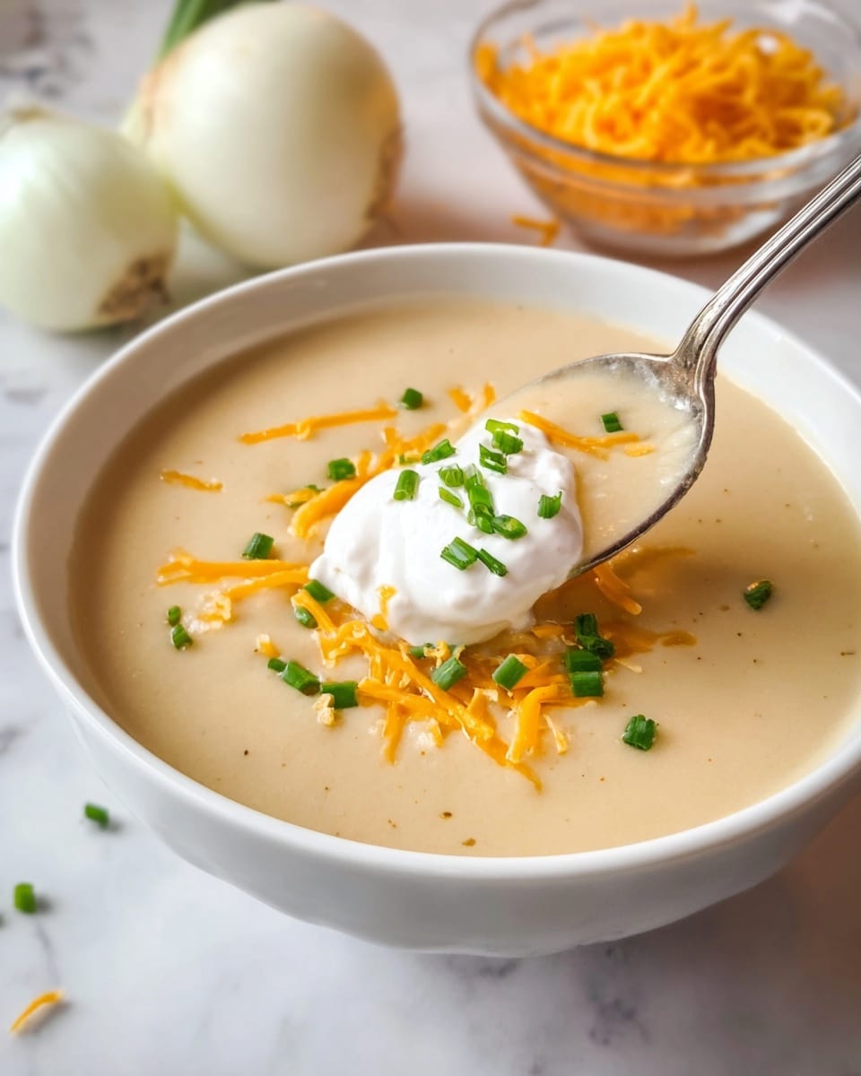 A white bowl filled with thick creamy beige soup, topped with a round dollop of white sour cream in the center, sprinkled with thin orange cheddar cheese shreds and small green chopped chives. A shiny silver spoon is scooping some soup from the right side of the bowl. The bowl is placed on a white marbled surface with blurred white onions and a small glass bowl of shredded cheddar cheese in the background. photo taken with an iphone --ar 4:5 --v 7
