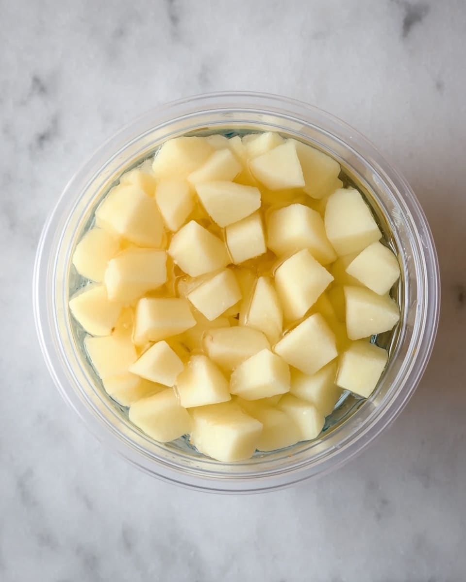 A clear round plastic container filled with small pale yellow potato cubes fully submerged in clear water, placed on a white marbled surface. The container is viewed from above, showing about two layers of diced potatoes with smooth edges and soft textures. The colors are light yellow for the potatoes, transparent for the water, and clear white for the container. Photo taken with an iphone --ar 4:5 --v 7
