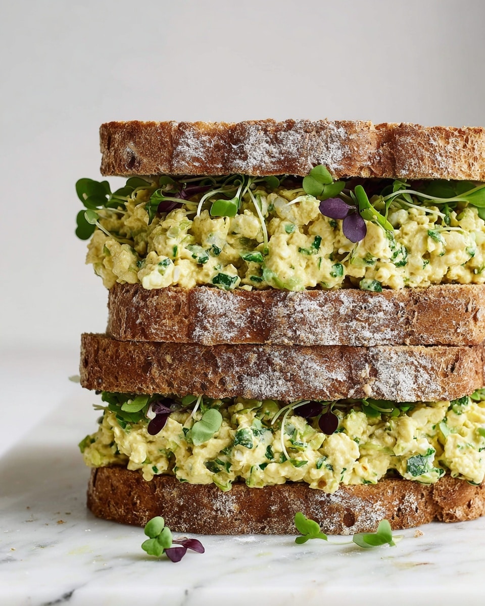 A close-up of a thick sandwich made with three slices of rustic, crusty brown bread with a dusting of flour on top and sides. Between the bottom and middle slice is a thick layer of light yellow egg salad mixed with finely chopped green herbs, topped with small green leaves. Between the middle and top slice is a similar thick layer of the egg salad with finely diced herbs, with fresh, small, dark purple and bright green leafy sprouts peeking out. The sandwich rests on a white marbled surface. Photo taken with an iphone --ar 4:5 --v 7