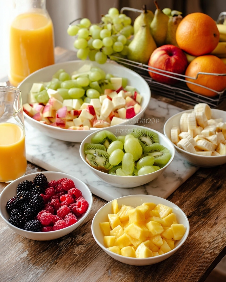 The image shows a breakfast spread with five white bowls each filled with different cut fruits arranged on a white marbled surface. In the larger bowl at the top center there are four layers of chopped fruits: green-skinned pears at the back, green kiwi pieces on the right front, red apple chunks on the left front, and white fruit pieces mixed with the other fruits. At the bottom center, a white bowl holds two layers of fruits: bright yellow mango chunks on the front and pale green apple pieces behind them. To the right, a smaller white bowl is full of small cubed banana pieces. On the left, a white plate is filled with three layers: light green grapes at the bottom front, black blackberries in the middle, and red raspberries on top. Next to the plate, there is a glass jug filled with orange juice. In the background, there is a metal basket holding uncut fruits like a peach, green grapes, a banana, an orange half, and a red apple. The whole scene is set on a wooden table with a soft light increasing freshness. photo taken with an iphone --ar 4:5 --v 7