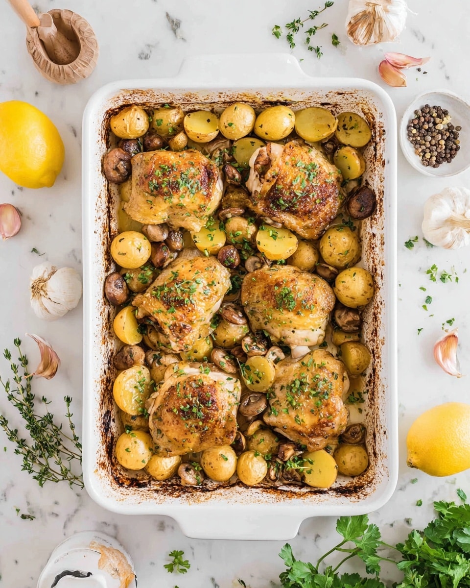 A white baking dish with four golden brown cooked chicken thighs placed evenly on the bottom layer surrounded by small, halved golden baby potatoes and whole mushrooms. The chicken and potatoes are seasoned with visible herbs and sprinkled with chopped fresh green parsley, with some thyme sprigs laid on top. The edges of the dish have some browned and slightly crispy baked bits. Around the baking dish, there are garlic cloves, a yellow lemon, a small white cup with dried herbs, shallots, peppercorns, and fresh green herbs on a white marbled surface. photo taken with an iphone --ar 4:5 --v 7