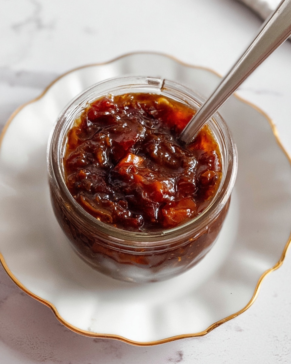 A jar filled with thick, chunky dark reddish-brown chutney with visible pieces of fruits or vegetables suspended in a shiny, sticky sauce texture. The jar is placed on a white decorative plate with scalloped edges and thin gold rims, all set on a white marbled surface. A silver spoon is stuck inside the jar on the right side, with the handle angled towards the upper right corner. The top view captures the rich and glossy texture of the chutney clearly. Photo taken with an iphone --ar 4:5 --v 7
