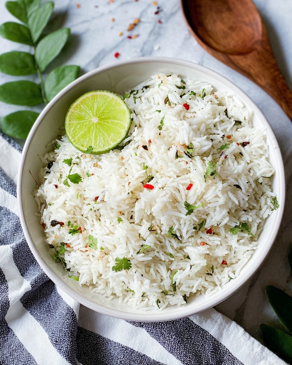 A white bowl filled with fluffy white rice mixed with small green herb pieces and tiny red chili flakes, topped with a wedge of bright yellow-green lime on the right side. The bowl sits on a white marbled surface with a white cloth with black stripes draped beside it, and blurred green leaves in the background. Photo taken with an iphone --ar 4:5 --v 7