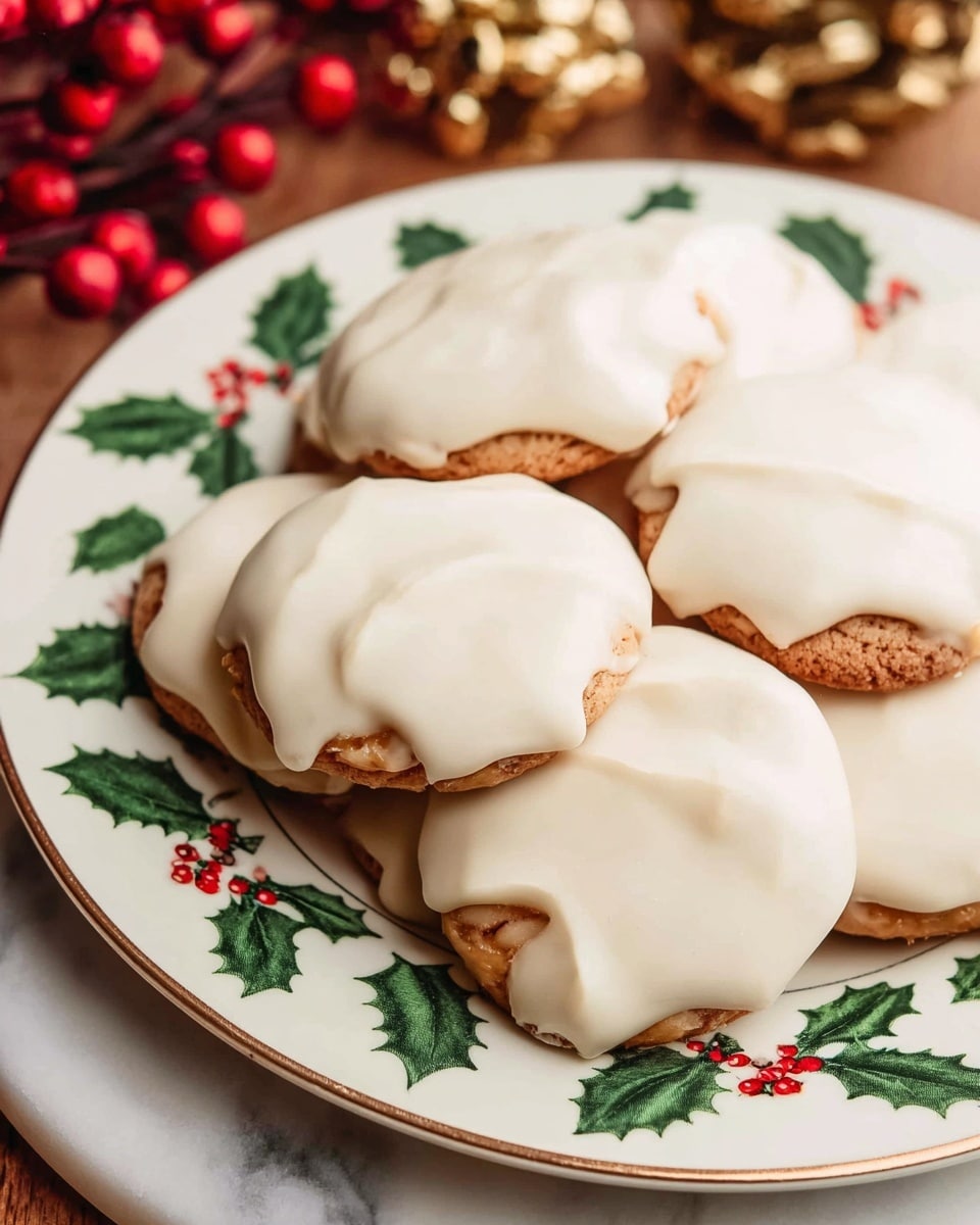 A white round plate with a green and red holly leaf pattern around the edge holds a pile of cookies. Each cookie has three layers: a light brown nutty base, a smooth middle layer with caramel color, and a thick top layer of glossy white coating that covers the whole surface unevenly. The plate is placed on a white marbled surface, with some blurred red berries and gold decoration in the background. photo taken with an iphone --ar 4:5 --v 7