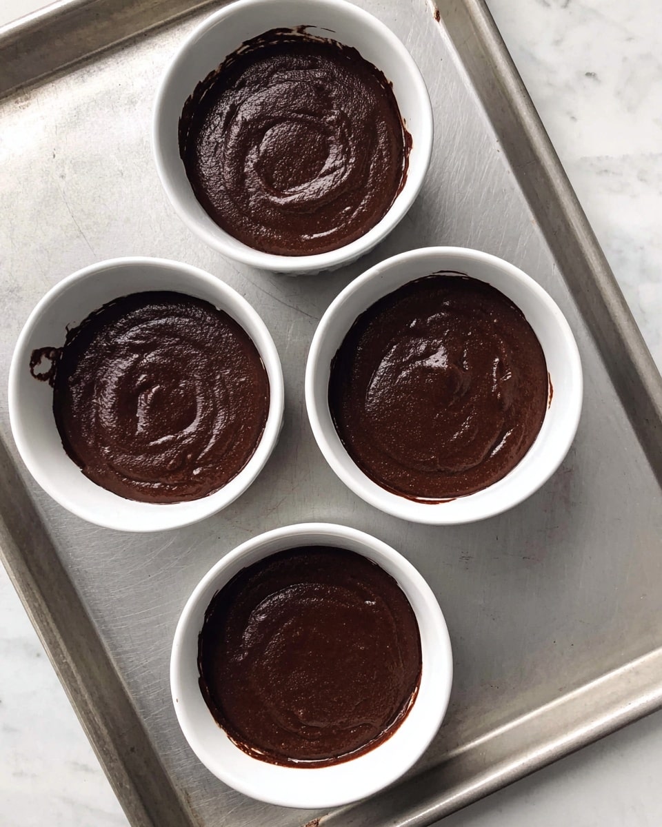 Four white round ramekins each hold one thick layer of dark brown chocolate batter with a smooth and slightly swirled texture on top. The ramekins are placed evenly on a metal baking tray, which lies on a white marbled surface. The batter fills about three-quarters of each ramekin, showing a rich, glossy finish that reflects soft light. The ramekins are symmetrical, and one has a small drip of batter on its edge. photo taken with an iphone --ar 4:5 --v 7