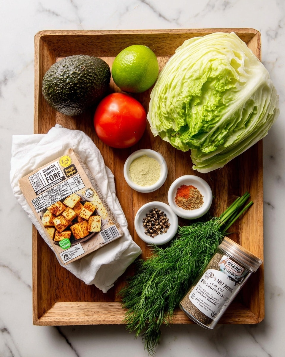 A wooden tray holds fresh ingredients arranged neatly: a large dark green avocado on the top left, next to a bright green lime and a shiny red tomato. Below them is a fresh, crisp romaine lettuce wrapped partly in a white paper towel. To the right of the lettuce is a pack of firm organic tofu with colorful grilled tofu cubes depicted on the package. Nearby are two small white bowls—one filled with light yellow powder and the other with several spices in warm brown, reddish, and black shades. A clear spice container labeled