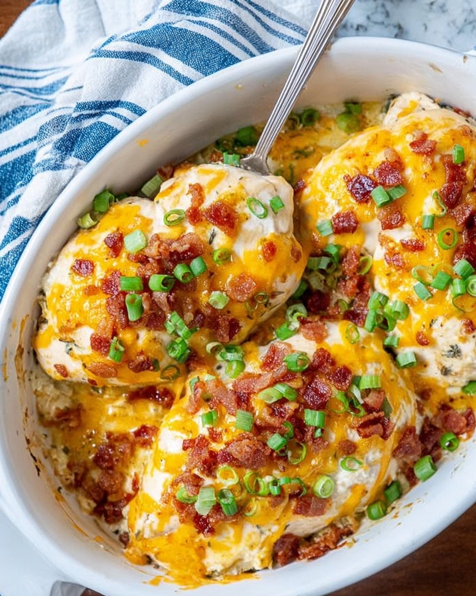 The image shows a white casserole dish filled with baked chicken topped with melted yellow and white cheese mixed with small bacon bits. The cheese and bacon topping cover the entire chicken pieces, creating a melty, slightly crispy layer. On top of the cheese, there are bright green chopped scallions scattered around, adding a fresh color contrast. A silver spoon lifts one portion of the cheesy, bacon-covered chicken. The dish is placed on a white marbled surface with a blue and white striped cloth nearby. The overall look is warm, cheesy, and inviting. photo taken with an iphone --ar 4:5 --v 7