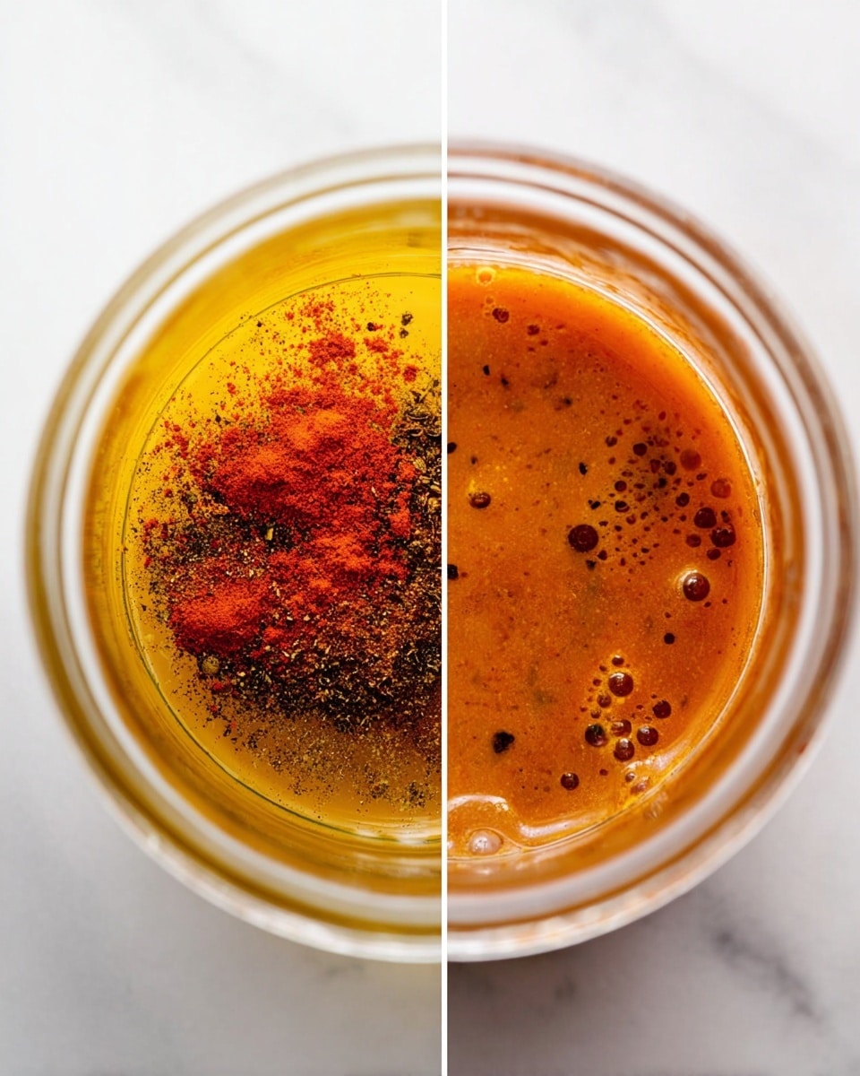 The image shows two close-up views from above of a clear glass container with spices and liquid. On the left, there are multiple layers inside the container: a yellow oil base that fills most of the container, with dark brown and black ground spices sprinkled on top, including a bright red powder in clusters. On the right, the same container has the spices mixed with the liquid, creating a smooth, orange-brown sauce with some tiny black specks and a few air bubbles, filling the container almost to the top. The background is a white marbled texture. Photo taken with an iphone --ar 4:5 --v 7