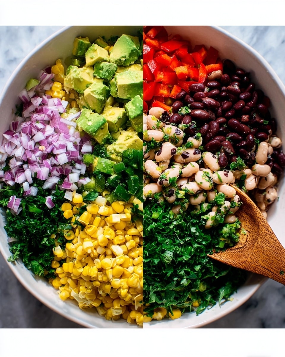 The image shows a close-up of a white bowl full of colorful layered salad ingredients arranged in a circle. From the top left corner going clockwise, there are small red bell pepper cubes, light purple chopped onions, bright yellow corn kernels, smooth green avocado chunks, finely chopped dark green herbs, darker green chopped jalapeno peppers, black beans, and white beans with dark spots. On the right side, a wooden spoon scoops part of the salad and is slightly resting inside the bowl. The background is white marbled texture. photo taken with an iphone --ar 4:5 --v 7