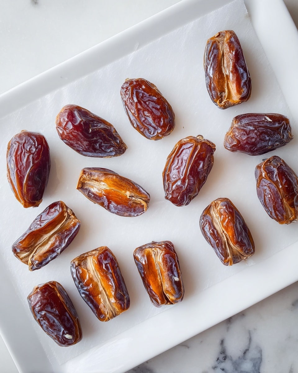 A white rectangular plate holds thirteen dark brown dates, each split open to reveal their lighter, fibrous inner sides with some shiny and wrinkled textures. The dates are scattered evenly across a sheet of white parchment paper that is laid on the plate, which sits on a white marbled surface. The split lines of the dates show variations of tan, rusty orange, and translucent amber shades, creating a natural contrast against their dark outer skin. Photo taken with an iphone --ar 4:5 --v 7