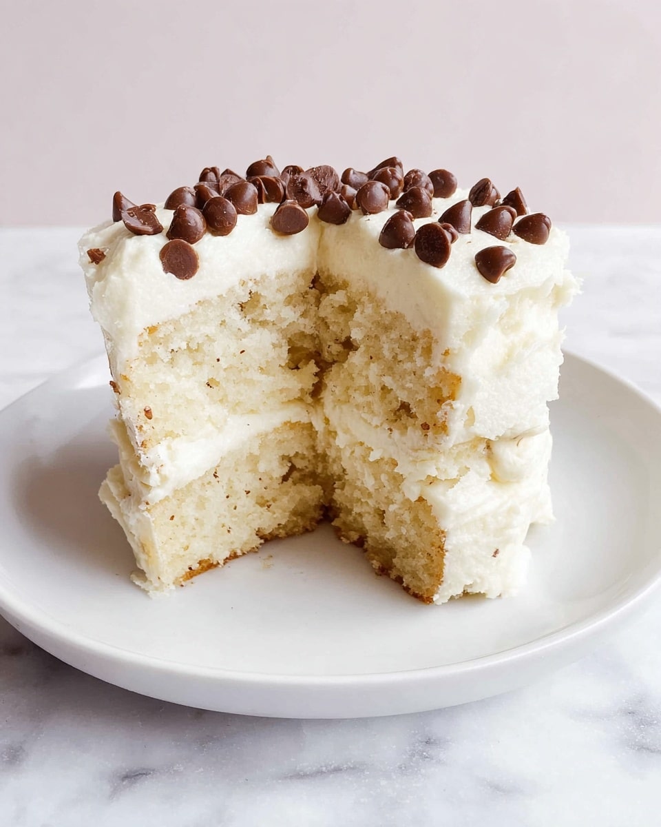 The image shows a small, two-layer white cake on a white plate, with a section removed to reveal the soft, moist inside. Each layer is thick and light-colored, with fluffy white frosting spread evenly between the layers and on top. On the top layer, a handful of milk chocolate chips are scattered, adding a dark brown contrast to the pale cake and creamy frosting. The plate and cake sit on a white marbled surface, and the background is simple and white. photo taken with an iphone --ar 4:5 --v 7