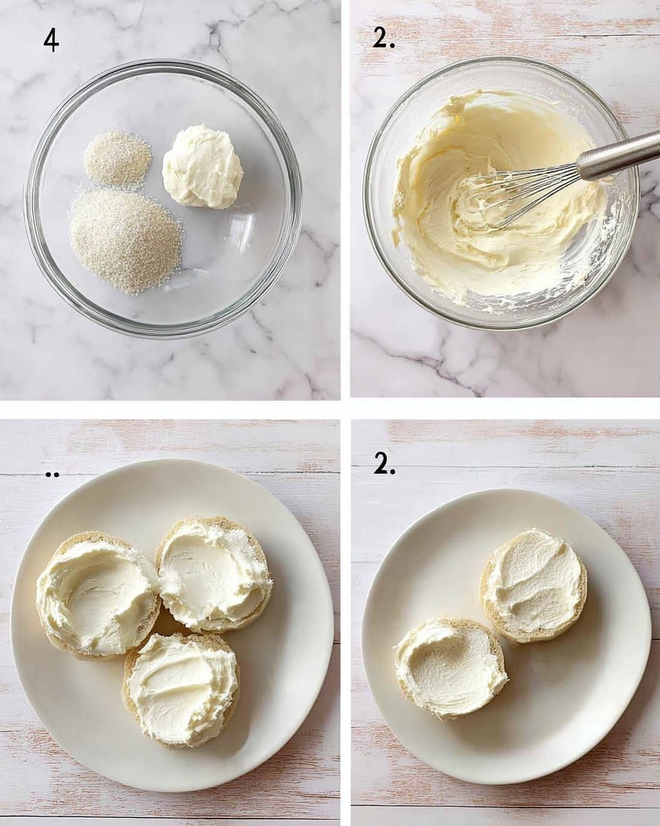 The images show the process of making a creamy spread. The first image displays a clear glass bowl holding three white ingredients: a grainy powder, a soft white dollop, and a smooth paste, all on a white marbled surface. The second image shows the same bowl with the ingredients mixed into a thick, smooth, creamy white spread with a whisk resting inside. The third image features a white plate with four pieces of round bread, three of which are partially covered with a thick white spread, showing different textures and thicknesses of cream on each piece. The fourth image shows one round piece of bread fully covered with an even layer of the spread on the same white plate and white marbled background. Photo taken with an iphone --ar 4:5 --v 7