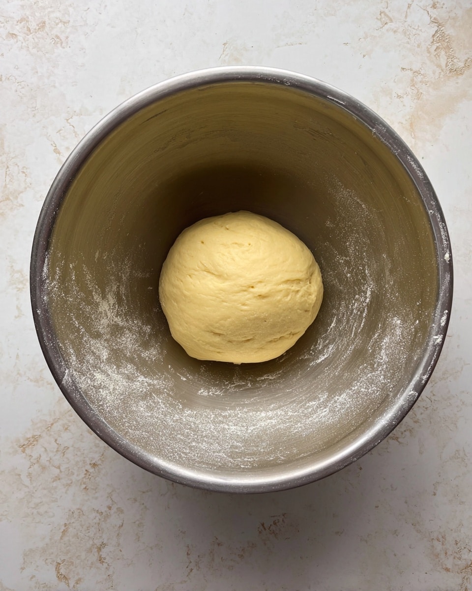 A smooth, round ball of pale yellow dough sits at the center inside a shiny stainless steel bowl. The dough looks soft and slightly shiny, with no cracks or flour on top. The inside surface of the bowl shows some smears of dough and light flour marks, creating subtle texture around the dough ball. The bowl is placed on a white marbled surface with soft patterns and tiny dark spots. photo taken with an iphone --ar 4:5 --v 7