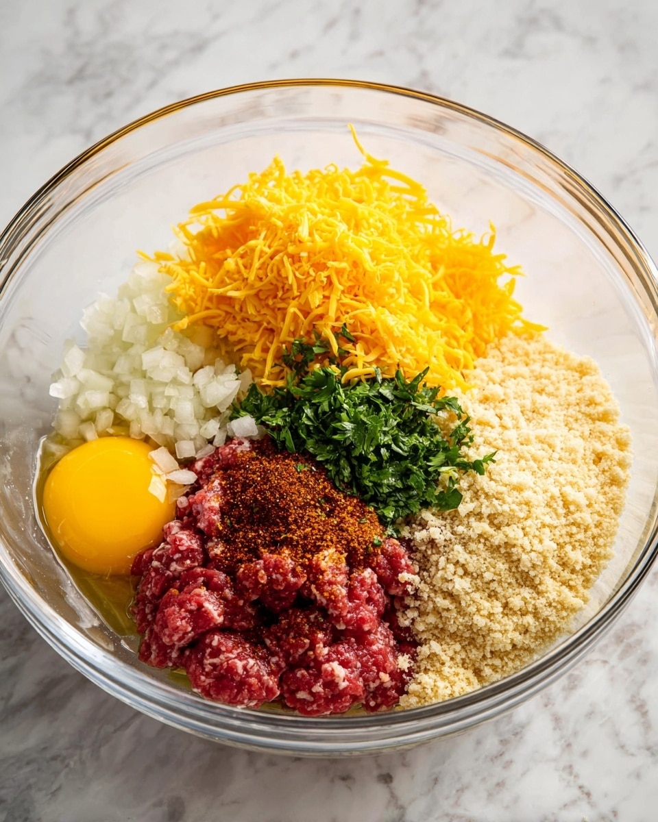 A clear glass bowl sits on a white marbled surface, filled with distinct layers of raw ingredients arranged without mixing: at the bottom center, bright red ground meat, topped with a sprinkle of dark red seasoning; to the top right, a generous pile of pale beige breadcrumbs with a coarse texture; to the top left, a mound of vibrant orange shredded cheddar cheese; at the bottom left, a raw yellow egg yolk with some visible egg white nearby; above the yolk, finely chopped white onions; and finally, at the bottom center near the meat, a bunch of fresh green chopped herbs. Photo taken with an iphone --ar 4:5 --v 7