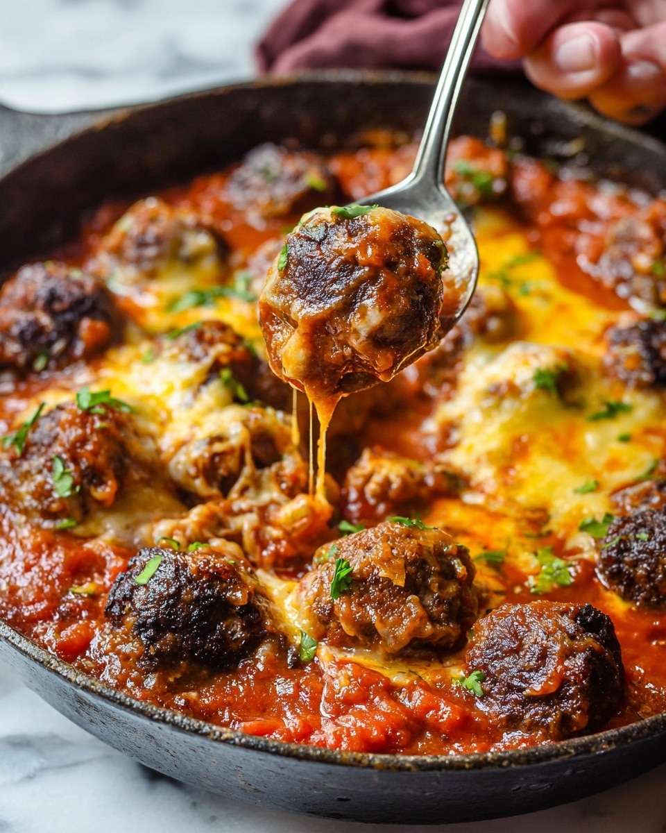 The image shows a pan full of small, dark brown meatballs that are slightly crispy on the outside. They sit on a bright red tomato sauce layer that looks chunky and thick with visible tomato pieces. Melting yellow cheese is spread unevenly over and under the meatballs, with some green chopped herbs sprinkled on top for color. A woman’s hand is holding a metal spoon lifting one meatball covered in sauce and cheese, with the sauce dripping slightly. The dish rests on a white marbled surface. photo taken with an iphone --ar 4:5 --v 7