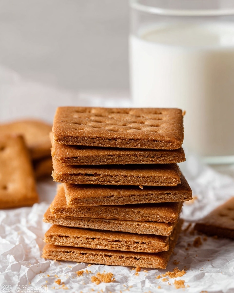 A close-up view of a stack of seven rectangular brown crackers with a rough, slightly crumbly texture, each cracker showing small indentations and a golden-brown color. The stack is placed on a lightly crumpled white paper on a white marbled surface. There are tiny cracker crumbs scattered around the base of the stack. In the blurred background, there is a clear glass filled with white milk. photo taken with an iphone --ar 4:5 --v 7